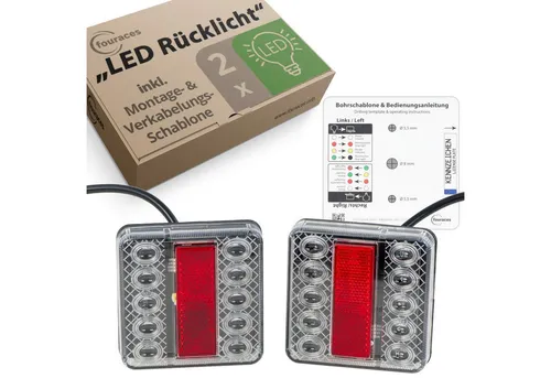 fouraces Anhänger-Rückleuchte LED - 2er Set für Autos - Hochwertige LED Rückleuchten für Anhänger, inklusive Schablone für einfache Montage und ideal für sicheres Fahren bei Nacht.