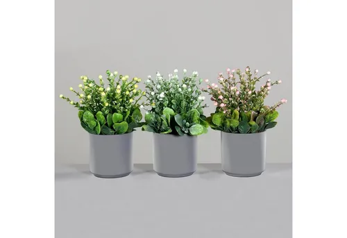 Kunstpflanze 3er Set Beeren Mix Arrangement im grauen Kunststofftopf 20cm, mucPlants
