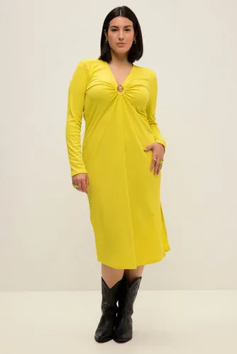 Studio Untold Plus Size Midikleid mit V-Ausschnitt - Freizeitkleid für Damen in auffälligem Neongelb mit O-Ring-Detail, ideal für einen modischen Auftritt in großen Größen.