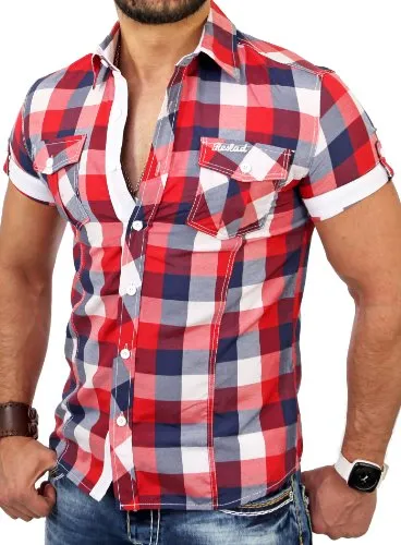 Reslad Herren Kurzarmhemd RS-7065 - Kariertes Design in Rot-Weiß - Stylisches Herrenhemd im Slim Fit, bügelfrei und ideal für lässige Sommerlooks. Perfekt für Freizeit und Casual Fridays – ein echter Eyecatcher!