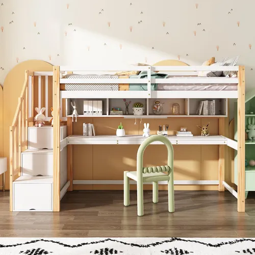 Flieks Etagenbett 90x200cm mit Treppe, Hochbett mit Schreibtisch und Bücherregal, Kinderbett mit Rausfallschutz, Jugendbett mit Lattenrost, Einzelbett Massivholzbett, Naturbelassen