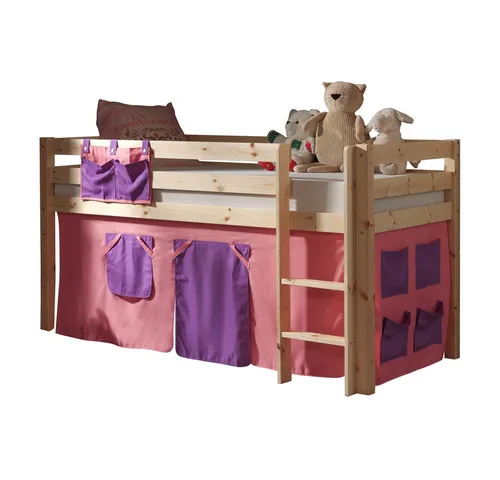 Hochbett Pino Spielbett für Kinder - Massivholz Kinderbett in Braun für kreative Träume, ideal für das Kinderzimmer mit einer Liegefläche von 90 x 200 cm.