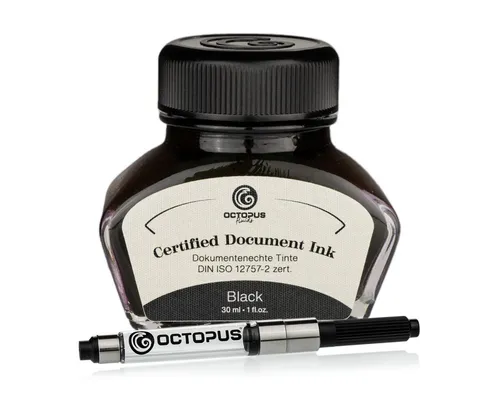 Octopus Fluids Dokumentenechte Tinte Black 30ml - Tintenfässer für traditionelle Füllhalter & Federn, zertifiziert nach DIN ISO 12757-2, wasserfest und lichtecht, ideal für offizielle Dokumente und Notare.