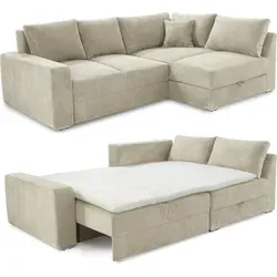Ecksofa-Dauerschläfer Federkern mit Bettkasten in Beige Grau - Kuschel-Ecksofa mit Schlaffunktion und zwei großen Bettkästen. Hochwertige Boxspring-Polsterung für optimalen Sitzkomfort, inkl. Kaltschaum-Topper. Modernes Design in angesagtem Cordstoff.