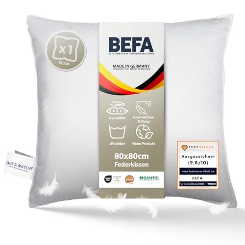 BEFA NATUR Federkissen 80x80 cm - Allergiker geeignet, Made in Germany - Kissen: Extra festes Federkissen mit 100% Federn, langlebig und formstabil. Ideal für Allergiker dank Nomite-Zertifizierung und Öko-Tex Standard 100.