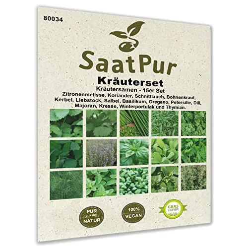 SaatPur® Saatgut Kräuter 15er Set, Garten-Kräutersamen, 15 Saattüten für ca. 1.700 Planzen: Kräutermischung mit u.a. Schnittlauch, Salbei, Basilikum, Oregano, Petersilie, Dill, Graspapier-Verpackung