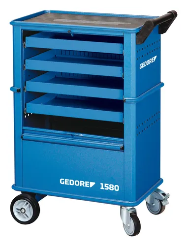 GEDORE Werkzeugwagen 1580, leer, blau, 4 Schubladen - Werkstattwagen unbestückt mit 4 beidseitig ausziehbaren Schubladen, wendig durch seitlichen Fahr-Lenk-Griff und sicher dank Zentralverriegelung. Ideal für effizientes Arbeiten in der Werkstatt.