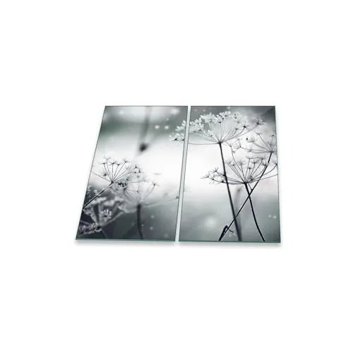 Herdabdeckplatte Abdeckung Ceranfeld Abdeckplatte Schneidebrett 2-Teilig 60x52 Pusteblume Wilder Dill Grau Spritzschutz Glasplatte Ceranfeldabdeckung Sicherheitsglas Glasschneidebrett 2x30x52