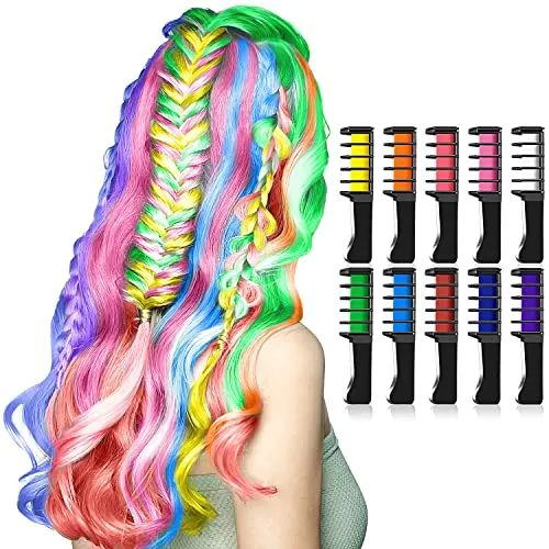 Produktbild Haarkreide für Mädchen, Kastiny 10 Stück Haarfarbe Kamm, Temporär Haarfarbe Kreide Kamm für Kinder Haarfärbemittel, Party und Cosplay, mit 4 Glitzertuben & 32 Schablonen