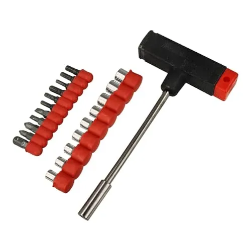 BOOMET T-Griff Schraubendreher Set 21-teilig · 1x T-Griff mit Bit-Aufnahme, 10 Bits & 9 Stecknüsse + Adapterbit für vielseitige Anwendungen