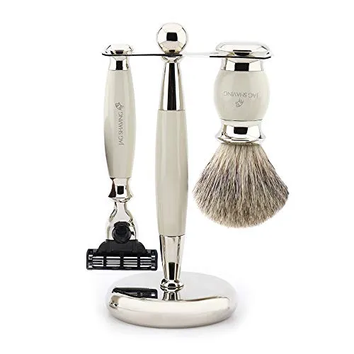 Jag Shaving Rasierset – 3-teiliges Rasierer Set für Herren und Damen - Handrasurset für Herren, 3-teilig mit hochwertigem Rasierpinsel aus Dachshaar und eleganten Rasiererständer. Perfekt für eine luxuriöse und gründliche Rasur.