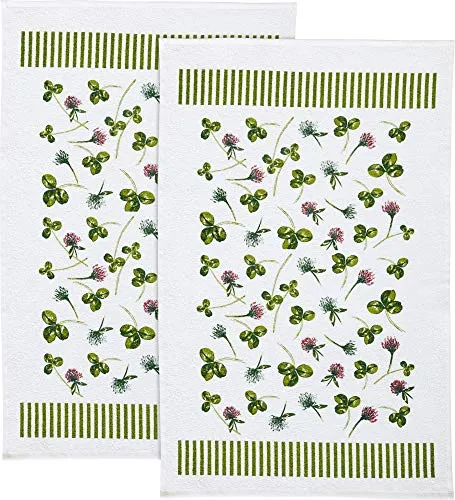 Erwin Müller Geschirrtuch Frottier, Küchentuch, Trockentuch im 2er-Pack mit Druckmotiv Kleeblatt und Blüten Kleeblatt Größe 45x70 cm - strapazierfähig, saugstark, bügelfrei, 100% Baumwolle