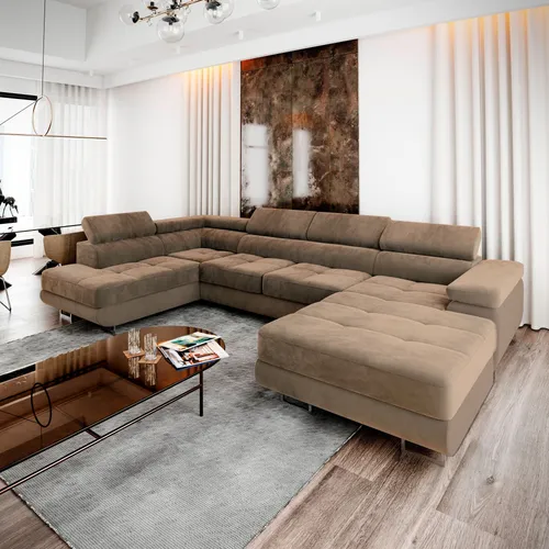 Masseno Ecksofa CASONE L-S mit Schlaffunktion und Bettkasten - Beige - Sofa mit Schlaffunktion, ideal für Gästeübernachtungen und mit praktischem Stauraum für Bettzeug. Elegantes Design in trendiger Farbe, perfekt für Ihr Wohnzimmer.