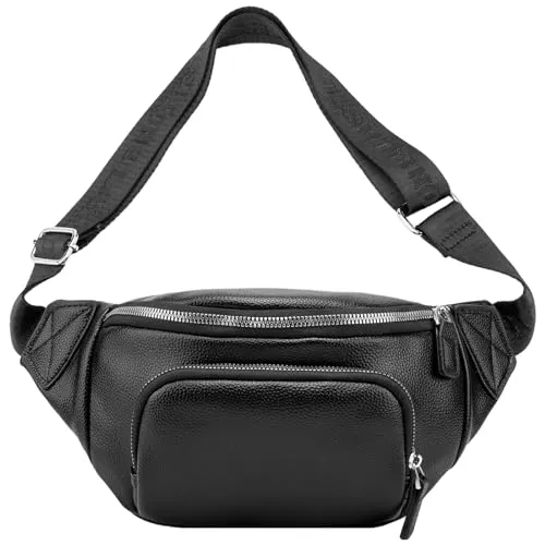 MANNUOSI Damen Mode Hüfttaschen Bauchtasche umhängetasche Damen stylisch hüfttasche Leder brustbeutel Schultergurten Gürteltasche Schwarz 2