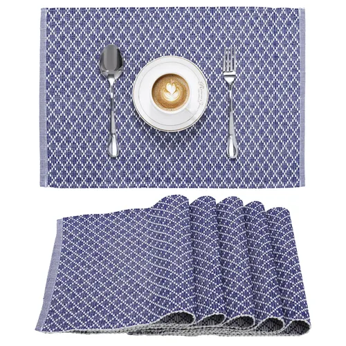 JEMIDI 6er Set Tischset gerippt Rautenmuster - 6 Tischsets aus Baumwolle - 6X Boho Platzdeckchen Platzset aus Stoff - Tisch Sets Platzsets Placemats - Blau