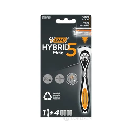 BIC Hybrid 5 Flex Rasierer Herren, Nassrasierer mit 4 Wechselklingen mit je 5 Klingen, mit Aloe Vera & Vitamin E, mit Präzisionstrimmer