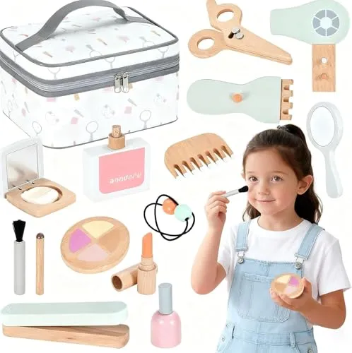 Gerbala Holzschminke Spielset Set, Holz Kinderschminke Set Spielzeug, Kinder Friseur Set, Schminkkoffer Mädchen, Schminke Rollenspiel, Weihnachten Geburtstags Geschenk für ab 3 4 5 6 7 8 Jahre