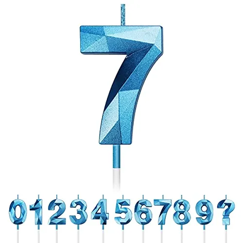 Geburtstag Nummer Kerzen, 3D Diamant Form Kuchen Kerzen Zahl 0 1 2 3 4 5 6 7 8 9 Glitzer Kuchen Topper Dekoration für Hochzeit Geburtstag Jubiläum Feier Abschluss (Blau, 7)