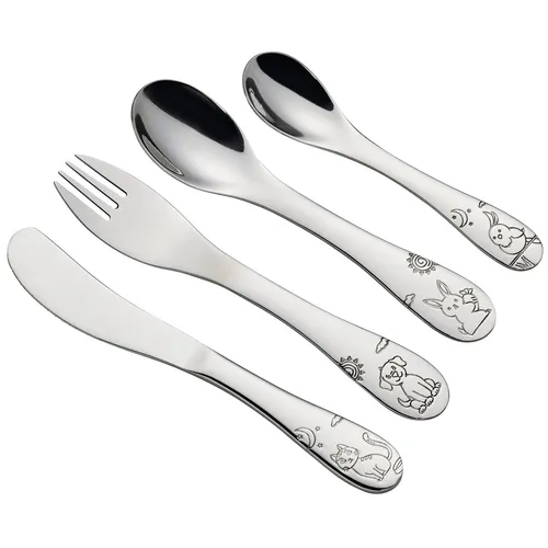 CILIO Kinderbesteck 4-teilig - Edelstahl mit fröhlichen LITTLE FRIENDS Motiven, ergonomisch gestaltet für kleine Kinderhände