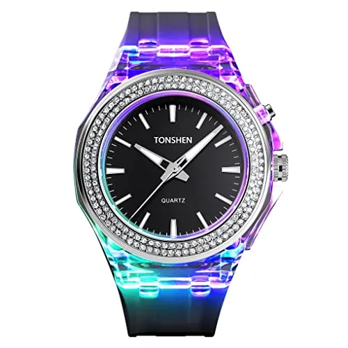 TONSHEN Damen und Mädchen Fashion Analog Quarz Uhren 50M Wasserdicht Plastik Lünette und Kautschuk Band Armbanduhr (Schwarz)