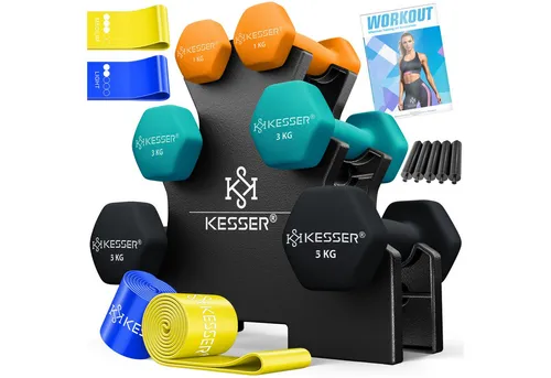 KESSER® Hantel-Set 3 Paar – 1kg bis 5kg mit Ständer - Hanteln & Gewichte: Das KESSER Hantel-Set bietet ergonomische Griffe, rutschfeste Neopren-Oberfläche und ein platzsparendes Design mit Fitnessbändern und Übungsheft – perfekt für dein individuelles Training.