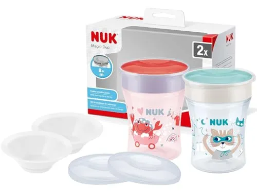 NUK Magic Cup 2er Set – Krabbe & Katze, 230ml - Praktisches Set mit 2 auslaufsicheren Trinklernbechern, ideal für Babys ab 8 Monaten. Ergonomisches Design mit süßen Motiven fördert spielerisch das Trinken. Inklusive Ersatzdeckeln und Trinktüllen für eine langfristige Nutzung.