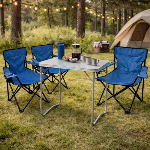 4-tlg. Blau Campingmöbel Set mit XL Tisch - Camping-Möbel Set mit klappbarem, tragbarem XL Tisch (80x60x68cm) und bequemen Stühlen – ideal für Ausflüge und Campingabenteuer.