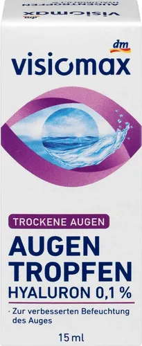 VISIOMAX Augentropfen mit 0,1% Hyaluron, 15 ml - Augentropfen für trockene Augen, mit feuchtigkeitsspendendem Hyaluron, ideal für langanhaltende Linderung und Schutz.