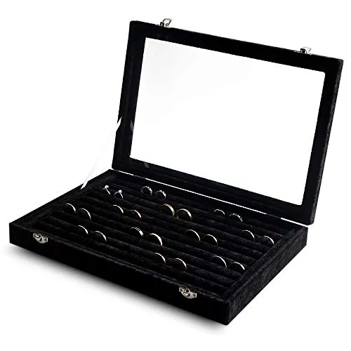 Frebeauty Ringe/Ohrringe Organizer Tablett mit klarem Deckel 10 Slots Samt Schublade Einsatz Schmuck Aufbewahrungsbox mit Glasdeckel Schmuck Vitrine Geschenk für Frauen (Schwarz, 10 Slots)