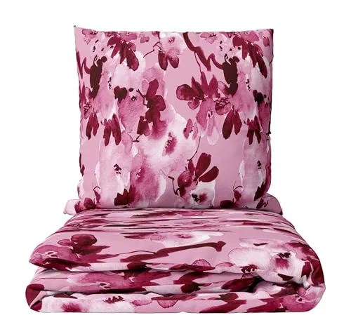 Leonado Vicenti Feinbiber Bettwäsche mit Blumenmuster in Rosa & Bordeaux 155x220 cm + 80x80 cm Kissenbezug mit verdecktem Reißverschluss