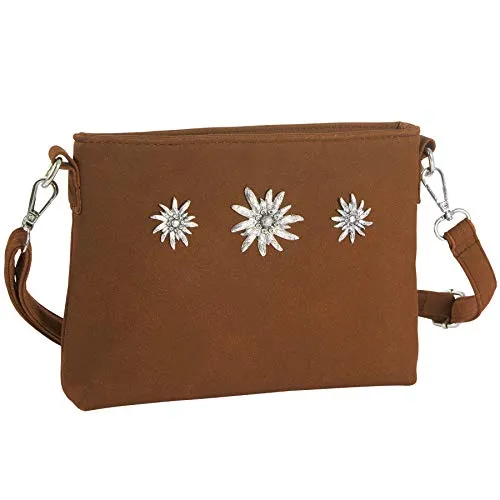 dressforfun Dirndl Tasche, Handtasche Damen mittelgroß, Trachten Mode, Trachtentasche Wildlederoptik, Edelweiß, Damen Tasche, Umhängetasche, Oktoberfest Accessoires, Damen-Schultertaschen - braun