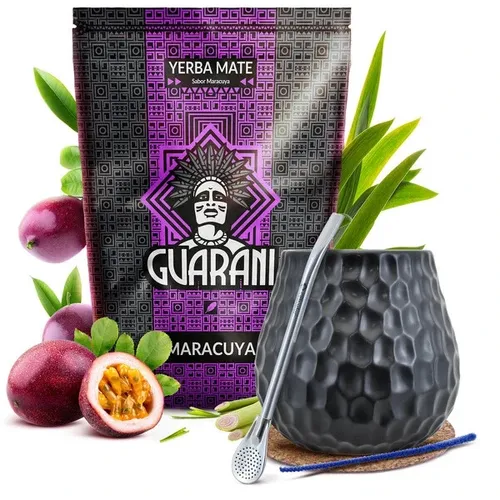 Mate Tee Set Guarani Maracuya Verräucher 500g Mate Becher Schwarz 400ml Bombilla