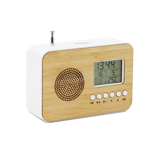 mooov 477320 Reisewecker Bamboo - Wecker aus natürlichem Bambus mit LCD-Display, integriertem Radio und Sleep-Funktion. Ideal für Reisen – kompakt, leicht und vielseitig nutzbar.