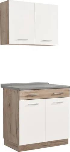 Homestyle4u 2360 Küchenblock - Kompakte Singleküche in Weiß und Sonoma Eiche mit viel Stauraum, ideal für kleine Räume und individuell erweiterbar.