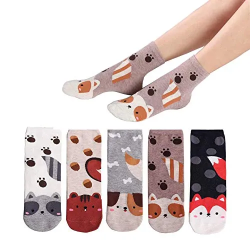 MAKFORT Lustige Socken Damen Tier Muster Niedlich Baumwolle Sneaker Socken Kuschelsocken Damen Warme Socken Frauen Thermal Lässige Socken 5 Paar, 5 Tiptoe Puppy, Einheitsgröße