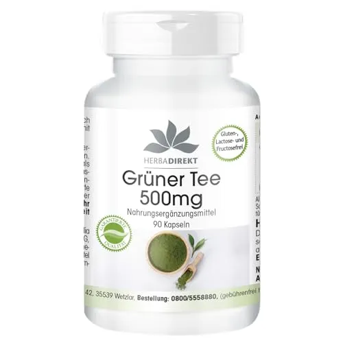 Grüner Tee Extrakt - 90 Kapseln - 1500mg Grüner Tee-Extrakt pro Tagesdosis - EGCG - Camellia sinensis - mind. 50% Polyphenole - vegan | HERBADIREKT by Warnke Vitalstoffe - Deutsche Apothekenqualität
