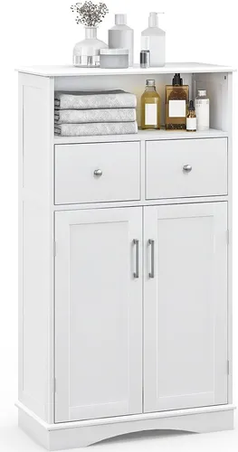 COSTWAY Badezimmerschrank mit 2 Schubladen und 2 Türen, 60x30x108cm - Vielseitiger Badezimmerschrank mit großzügigem Stauraum, 2 Schubladen, 2 Türen und höhenverstellbaren Regalen. Ideal für Ordnung und Stil in Bad, Küche oder Büro.