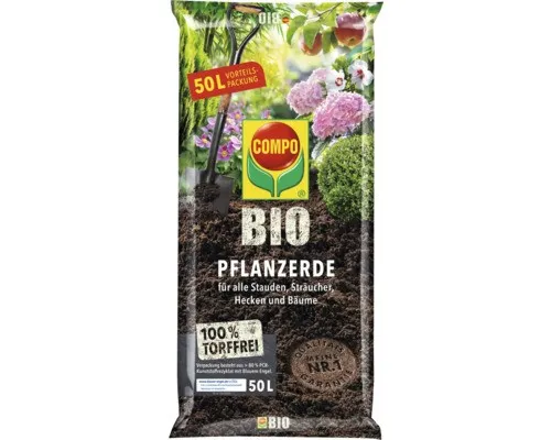 COMPO BIO Pflanzerde 50 L torffrei für Stauden, Sträucher, Hecken und Bäume - Hochwertige, torffreie Bio-Gartenerde für vielfältige Pflanzen. 100 % natürliche Inhaltsstoffe sorgen für eine nachhaltige Nährstoffversorgung und kräftiges Wachstum. Ideal für Gartenliebhaber, die Wert auf umweltfreundliche Lösungen legen.