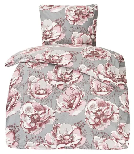 MOON Bettwäsche Set Fein Biber Flanellbettwäsche 135x200/80x80 cm Blume Rot-Grau