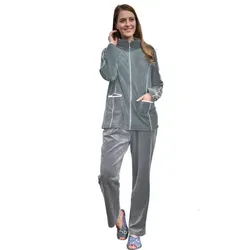 RAIKOU Nicki Hausanzug mit Reißverschluss und Satinband - Stylischer Trainingsanzug in Melange Grau, Größe 36/38, mit komfortablem Stehkragen und besonderen Kontraspaspel-Details für ein elegantes Freizeitoutfit.