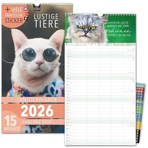 Familienkalender 2026 5 Spalten LUSTIGE TIERE Familienplaner 2026 mit STICKER Urlaub Recycling Ferien Wandplaner 2026 Wandkalender 23 x 43cm inkl. Okt-Dez 2025, Pflanzkalender, Katze Hund witzig