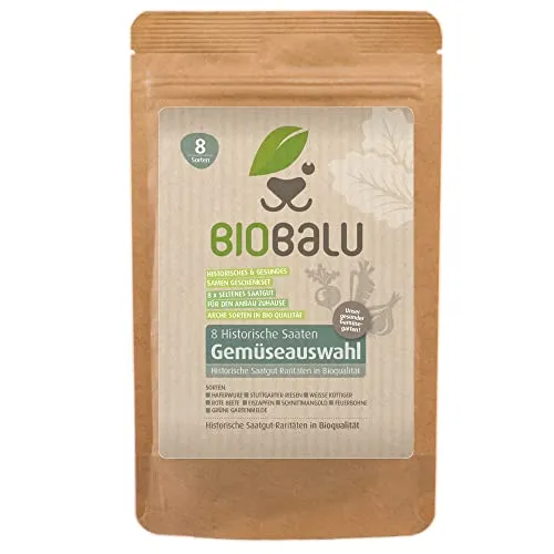 Biobalu Gemüsesamen Bio - 8 Alte Sorten - Historisches Saatgut Set Gemüse, Saatgut Raritäten in Bioqualität, Samenfeste & Seltene Gemüsesorten für Freiland, Gewächshaus & Balkon - Geschenkset