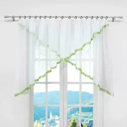 Scheibengardine mit Rüschen, Grün-Weiß, 300x100 cm, ohne Technik - Elegante Scheibengardine in Grün und Weiß mit Rüschen, ideal für Fensterdekoration. Größe 300x100 cm, ohne Technik für einfache Montage. Perfekt für stilvolle Wohnräume.