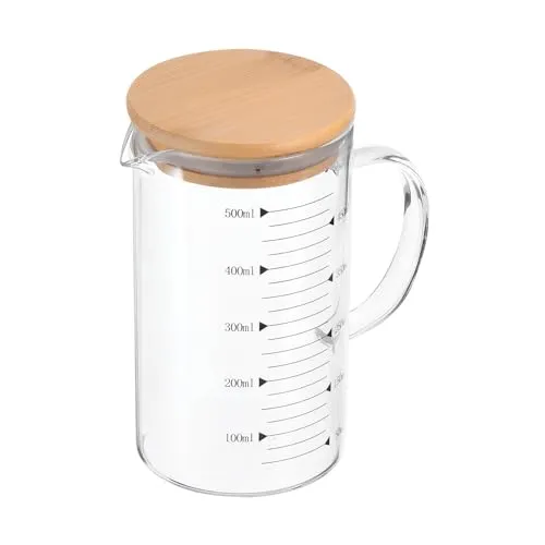 PATIKIL 500ml Glas Messbecher, 3.3 Borosilikatglas mit schwarzer Skala, Flüssigkeitsmessbecher mit Holzdeckel und V-förmigem Ausguss für die Küche