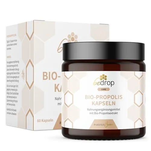 bedrop Bio Propolis Kapseln 800mg - Hochdosierte Nahrungsergänzung für Immununterstützung - Bio Propolis Kapseln, 60 Stück, reich an Polyphenolen & Flavonoiden, nachhaltig in Glas verpackt. Unterstütze dein Immunsystem mit 100% natürlichem Propolis aus kontrollierter Imkerei.