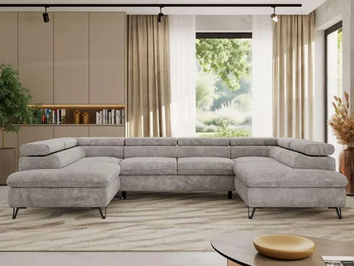 Ecksofa PABLO U mit Schlaffunktion und Bettkasten - Hellgrau - Modernes U-förmiges Ecksofa mit verstellbaren Kopfstützen und großzügigem Stauraum. Ideal für entspannte Abende und als komfortables Schlafsofa für Gäste. Hochwertige Polsterung sorgt für langanhaltenden Sitzkomfort.