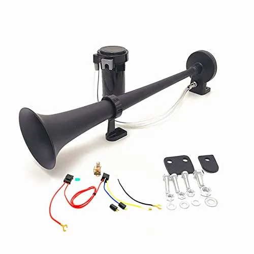YIYIDA Autohupe car horn sprecher 450mm lautsprecher horn chrom-zink lufthupe schwarz einzeltrompeten-Hupe mit Kompressor-Luftpumpe für alle 12 V Fahrzeuge LKW zug PKW van boot SUV motorrad etc