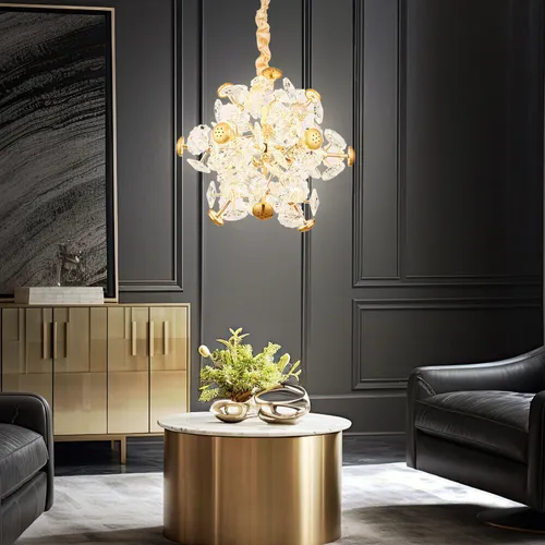 Pendelleuchte Florietta - LED Hängelampe mit Glaskristallen - Lampen - Stilvolle Hängeleuchte aus goldfarbenem Metall mit klaren Glaskristallen, ideal für eine einladende Atmosphäre in jedem Raum.