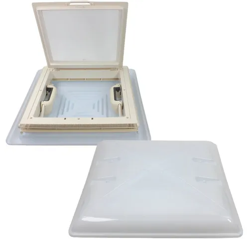MPK Modell 46 Dachluke 40x40 cm für Wohnwagen & Wohnmobil - Dachhaube mit Milchglashaube und Insektenschutz, ideal für Dachausschnitte von 40x40 cm bis 42x42 cm. Robuster Kunststoff und klappbarer Rahmen sorgen für Helligkeit und frische Luft im Innenraum.