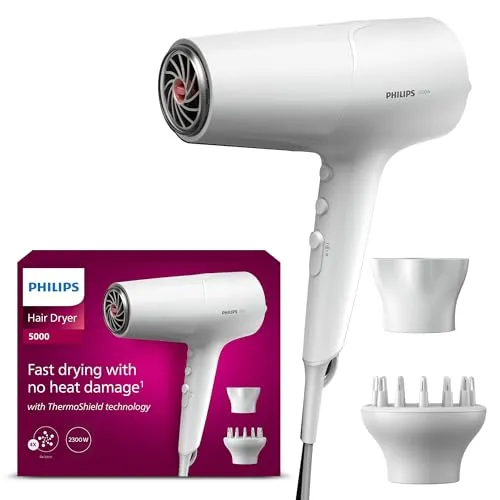 Philips Haartrockner 5000 BHD500/20, 2100W mit Volumendiffusor - Haartrockner, 2100 W Leistung, ThermoShield Technologie für optimalen Schutz, Ionen-Technologie für glänzendes Haar, 3 Hitze- und 2 Geschwindigkeitsstufen für individuelle Stylingmöglichkeiten.